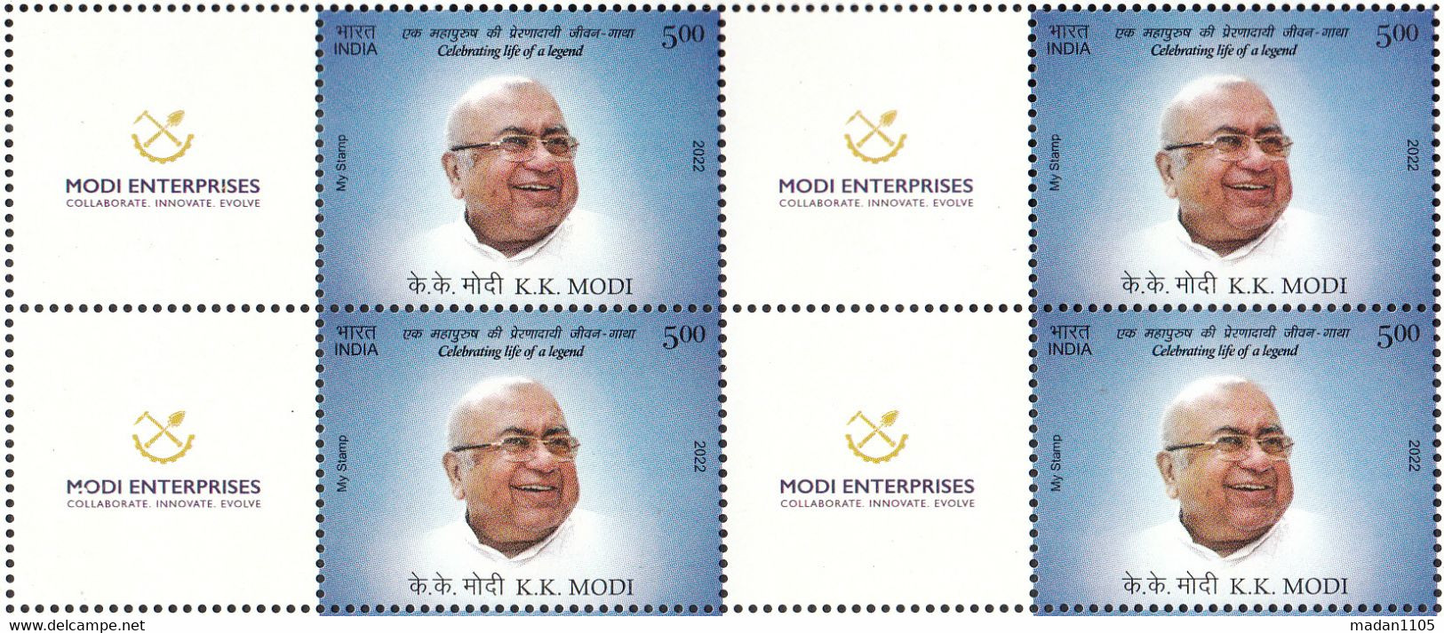 INDIA 2022  MY STAMP, INDUSTRIALIST, KK MODI,  INDUSTRIES ENTERPRISES,Block Of 4 With Tab, Limited Issue MNH (**) - Nuevos