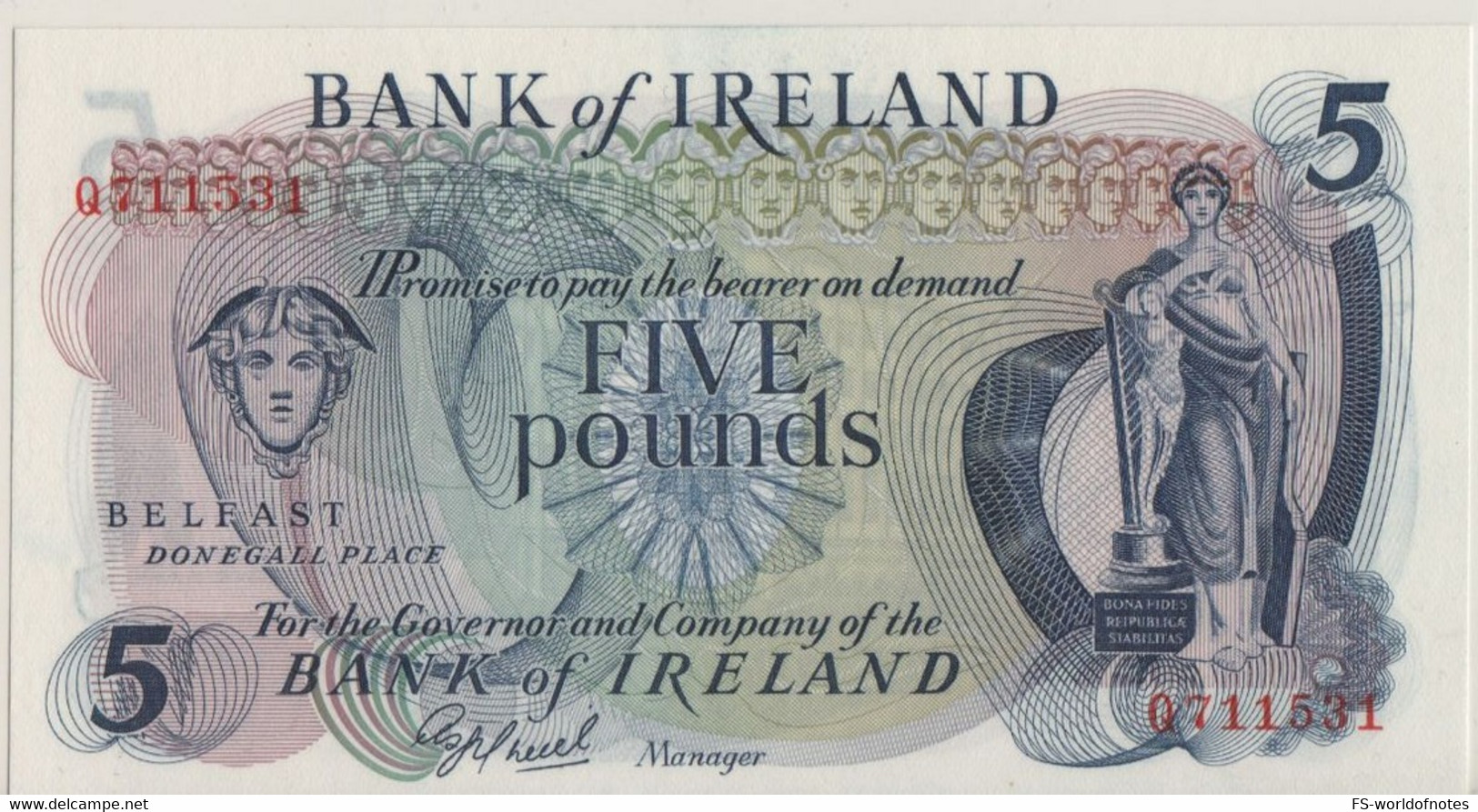 IRELAND  Northern   5 Pounds    Bank Of Ireland P62b  (ND  1977)  "Hibernia + Airplave & Passenger Ship At Back"  UNC - 5 Pond