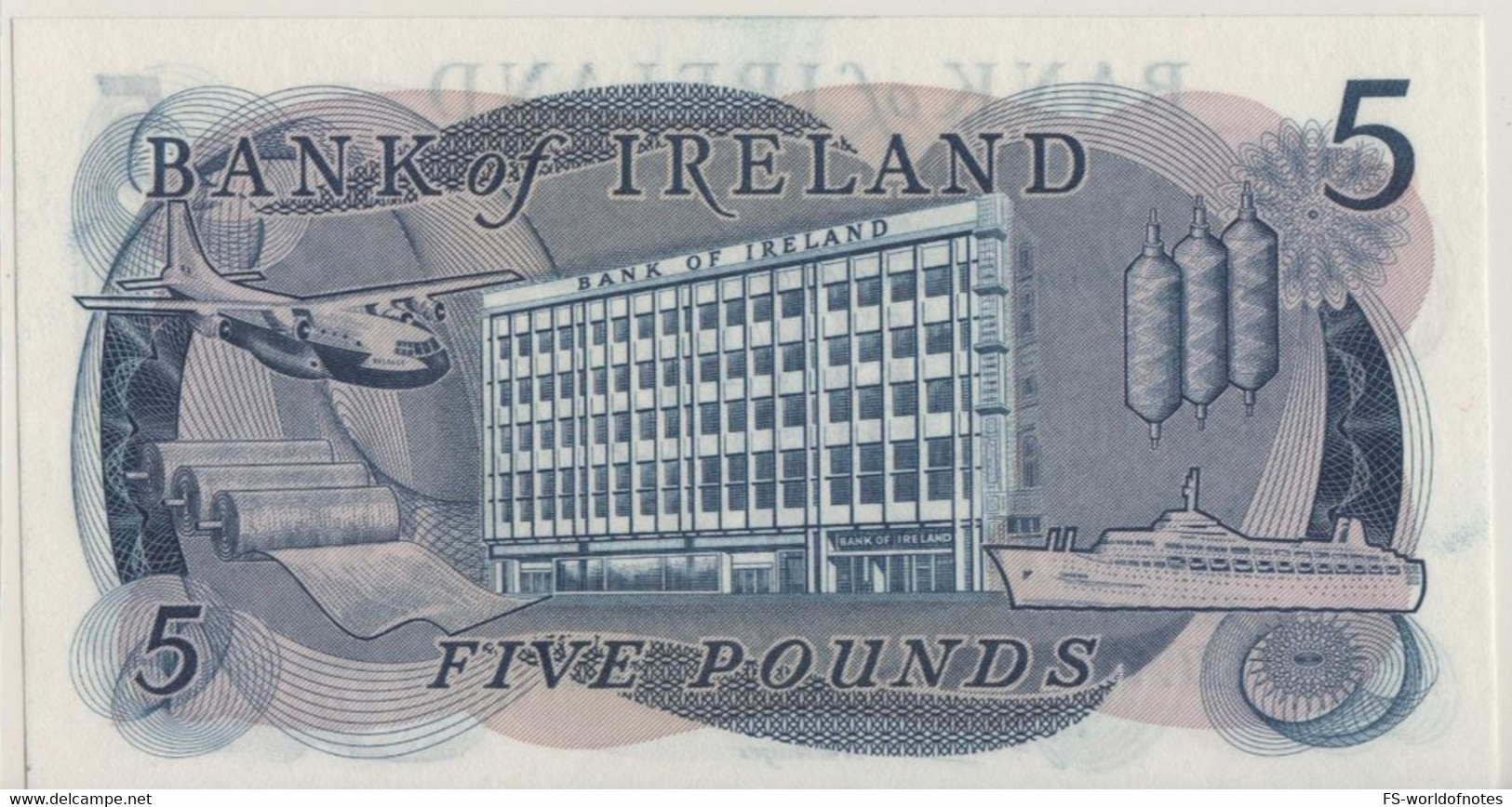 IRELAND  Northern   5 Pounds    Bank Of Ireland P62b  (ND  1977)  "Hibernia + Airplave & Passenger Ship At Back"  UNC - 5 Pounds