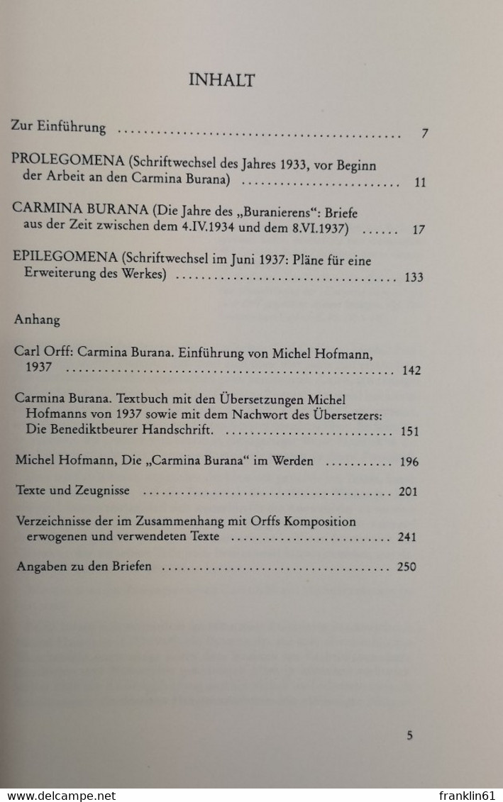 Carl Orff - Michel Hofmann. Briefe Zur Entstehung Der Carmina Burana. - Music