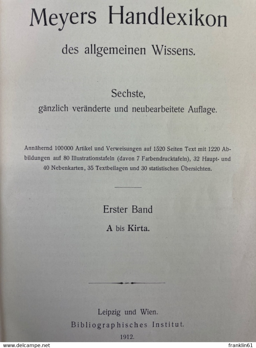 Meyers Handlexikon Des Allgemeinen Wissens.,Erster Band. A Bis Kirta., - Lexika