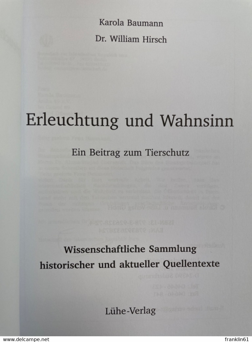 Erleuchtung Und Wahnsinn : Ein Beitrag Zum Tierschutz : Wissenschaftliche Sammlung Historischer Und Aktueller - Giudaismo