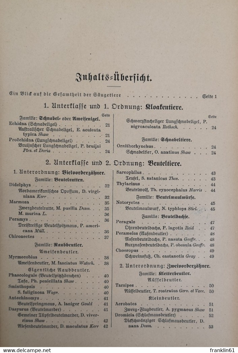 Brehms Tierleben. Kleine Ausgabe Für Volk Und Schule. Vierter Band: Die Säugetiere. - Glossaries