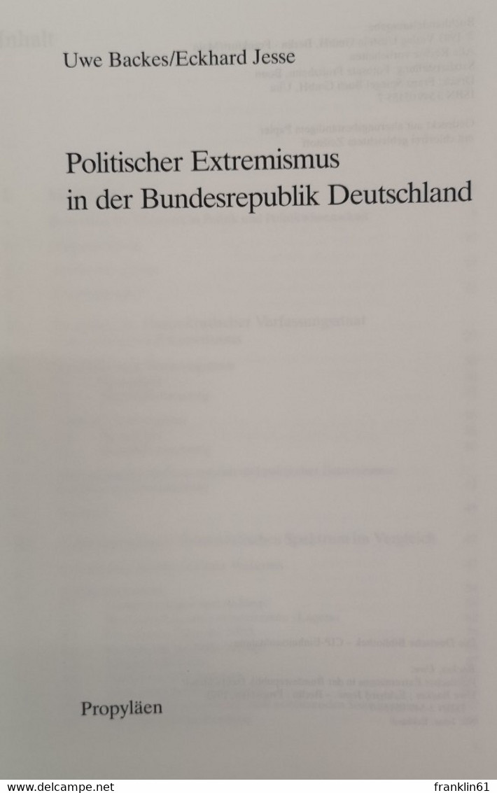 Politischer Extremismus In Der Bundesrepublik Deutschland. - Politique Contemporaine