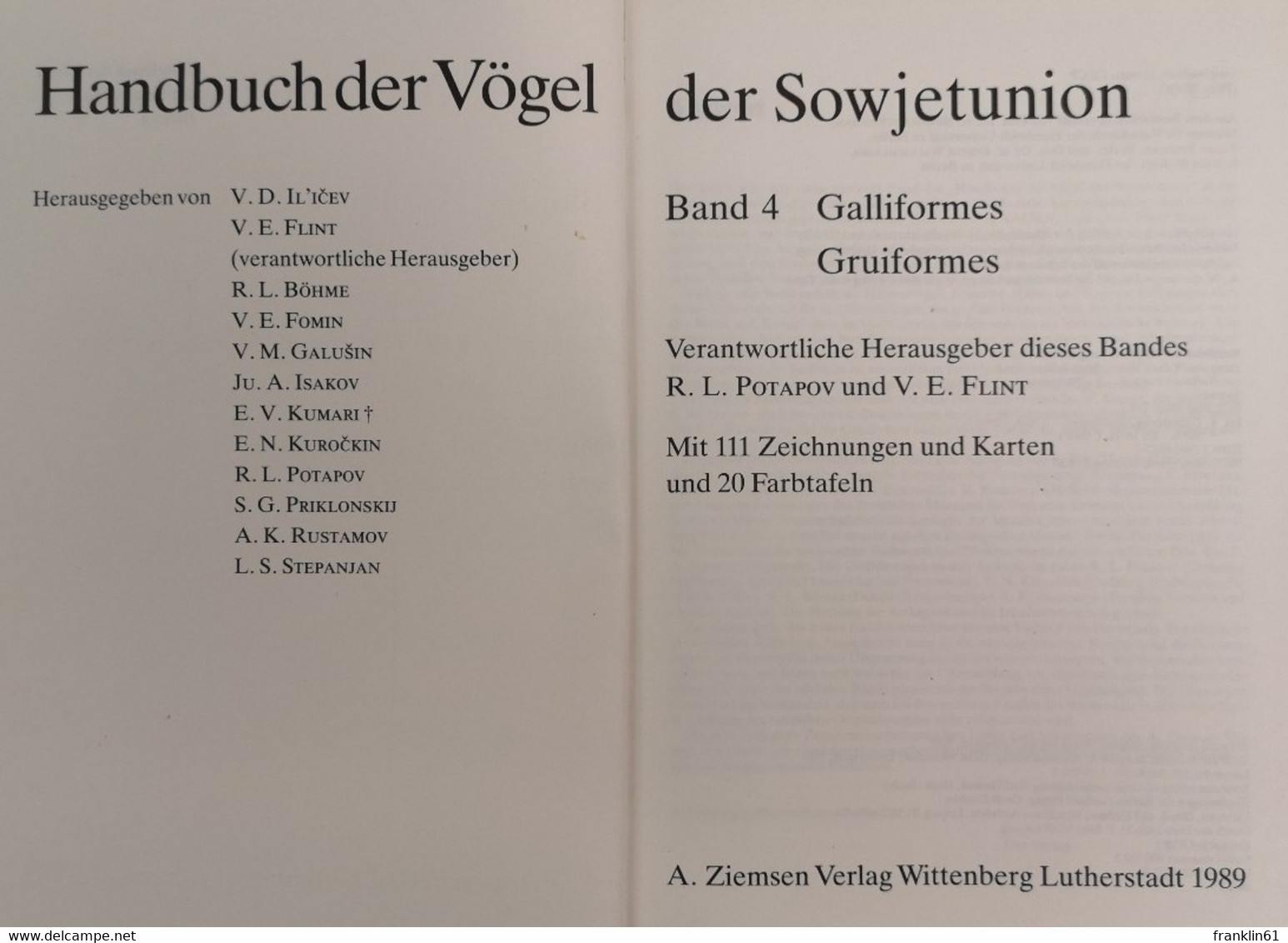 Handbuch Der Vögel Der Sowjetunion. Band 4. Galliformes. Gruiformes. - Léxicos