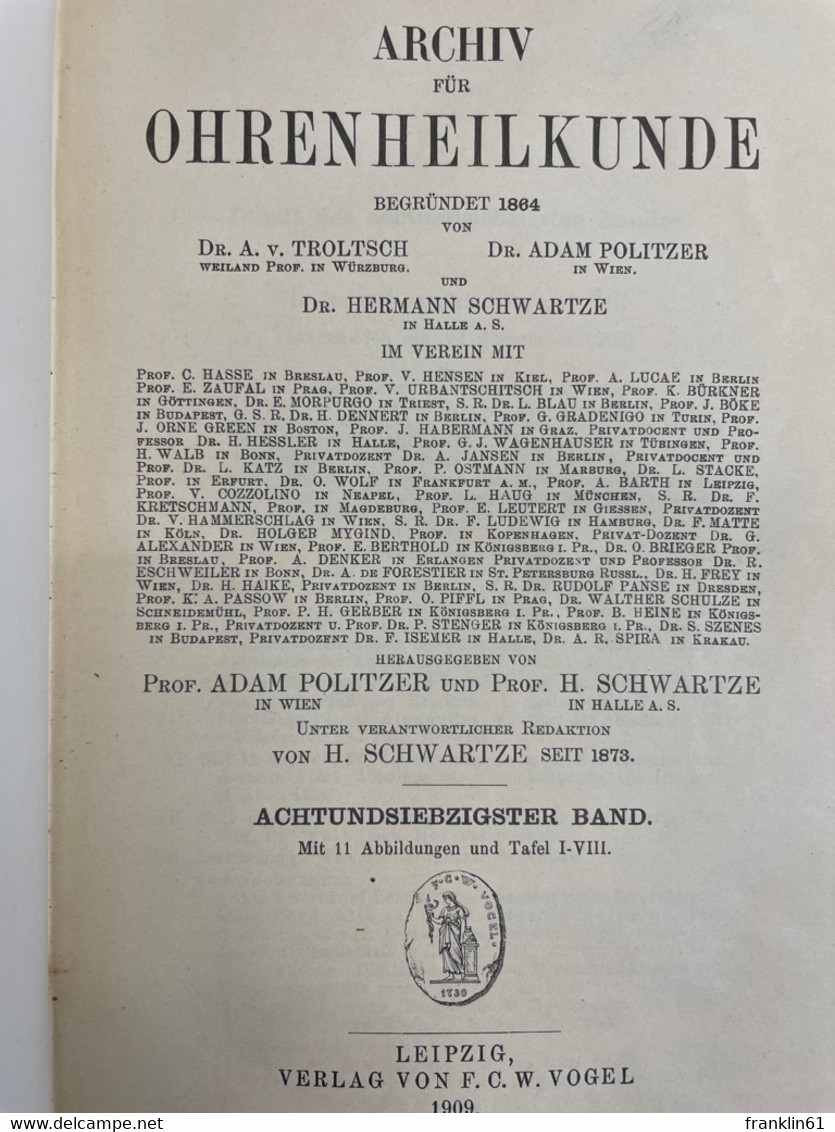 Archiv Für Ohrenheilkunde - 78. Band. - Health & Medecine