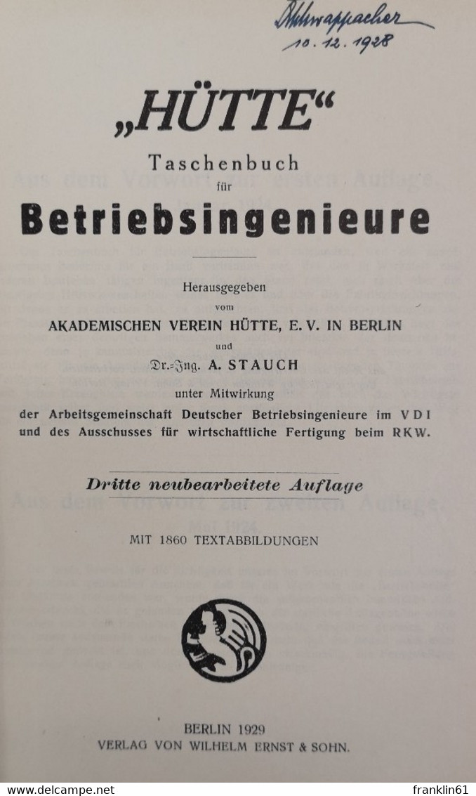 Hütte Taschenbuch Für Betriebsingenieure. - Technical