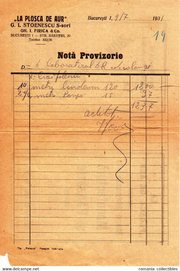 Romania, 1931, Vintage Order Note - "La Plosca De Aur" Storehouse - Revenue Stamps