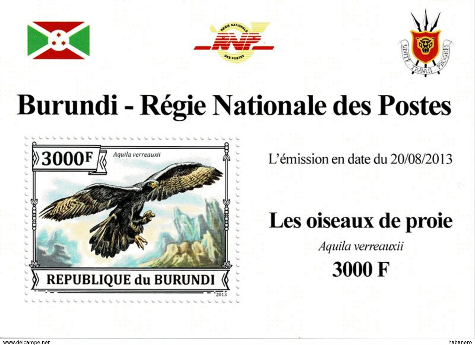 BURUNDI 2013 Mi 3245A BIRDS OF PREY VERREAUX'S EAGLE MINT MINIATURE SHEET ** - Hojas Y Bloques