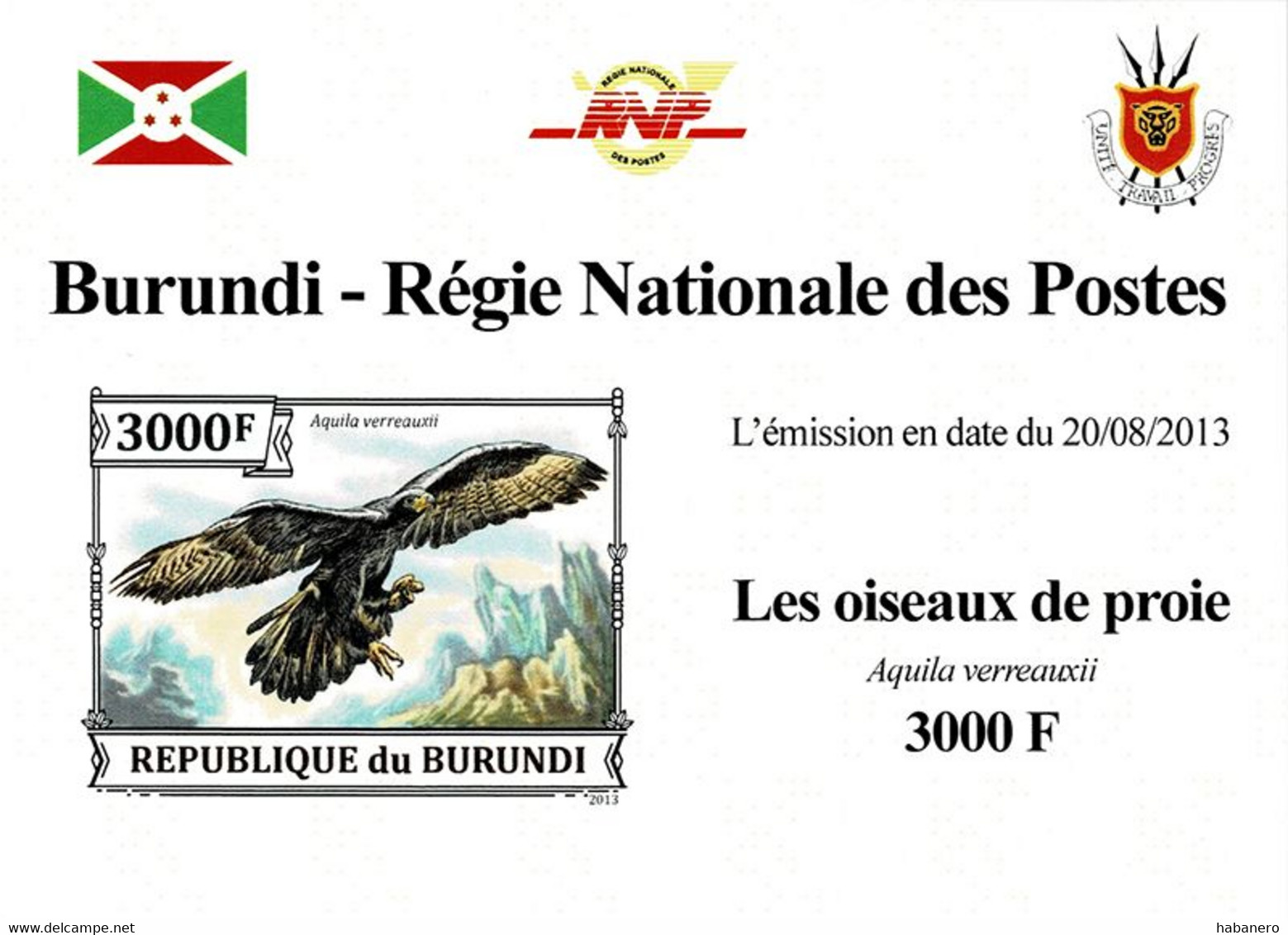 BURUNDI 2013 Mi 3245B BIRDS OF PREY VERREAUX'S EAGLE MINT IMPERFORATED MINIATURE SHEET ** - Hojas Y Bloques