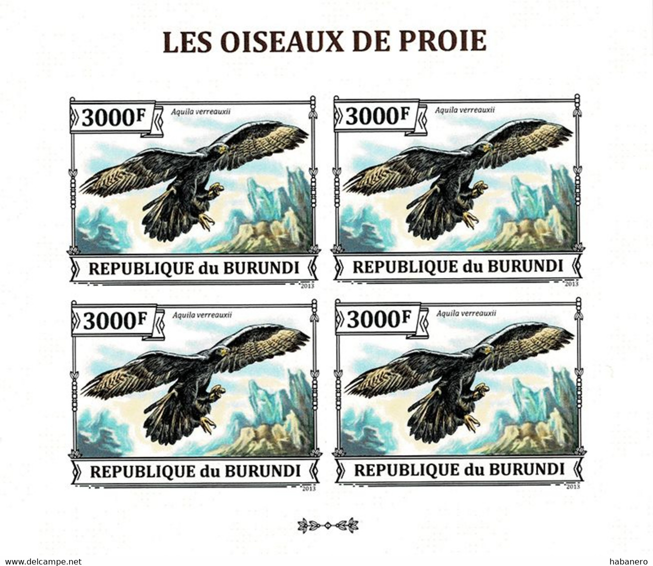 BURUNDI 2013 Mi 3245B KLB BIRDS OF PREY VERREAUX'S EAGLE MINT IMPERFORATED MINIATURE SHEET ** - Blocks & Kleinbögen