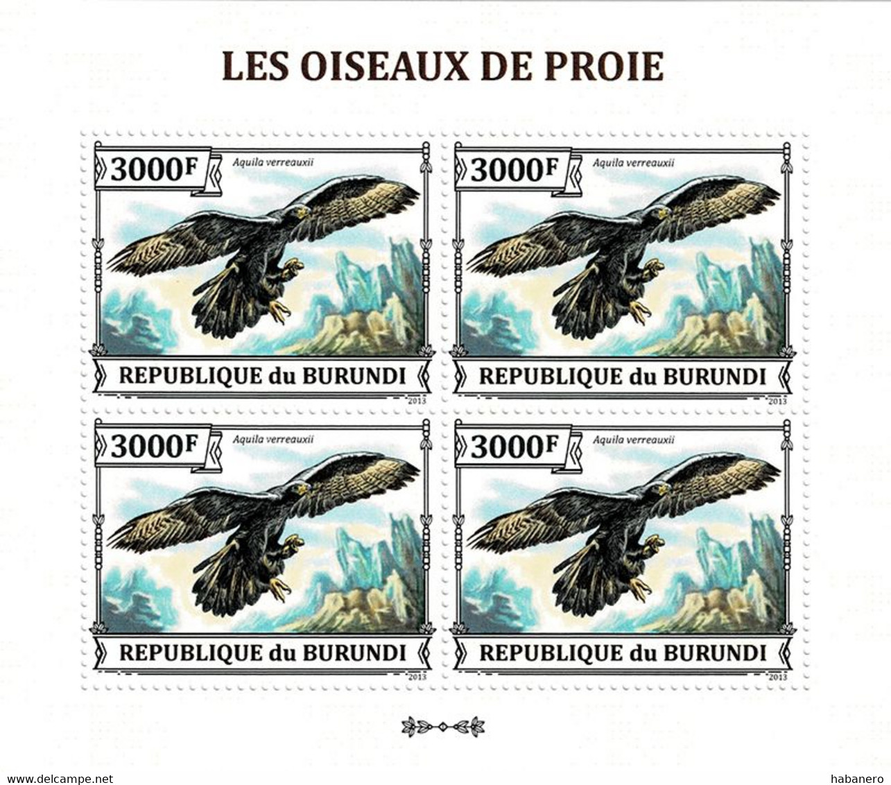 BURUNDI 2013 Mi 3245A KLB BIRDS OF PREY VERREAUX'S EAGLE MINT MINIATURE SHEET ** - Blocs-feuillets