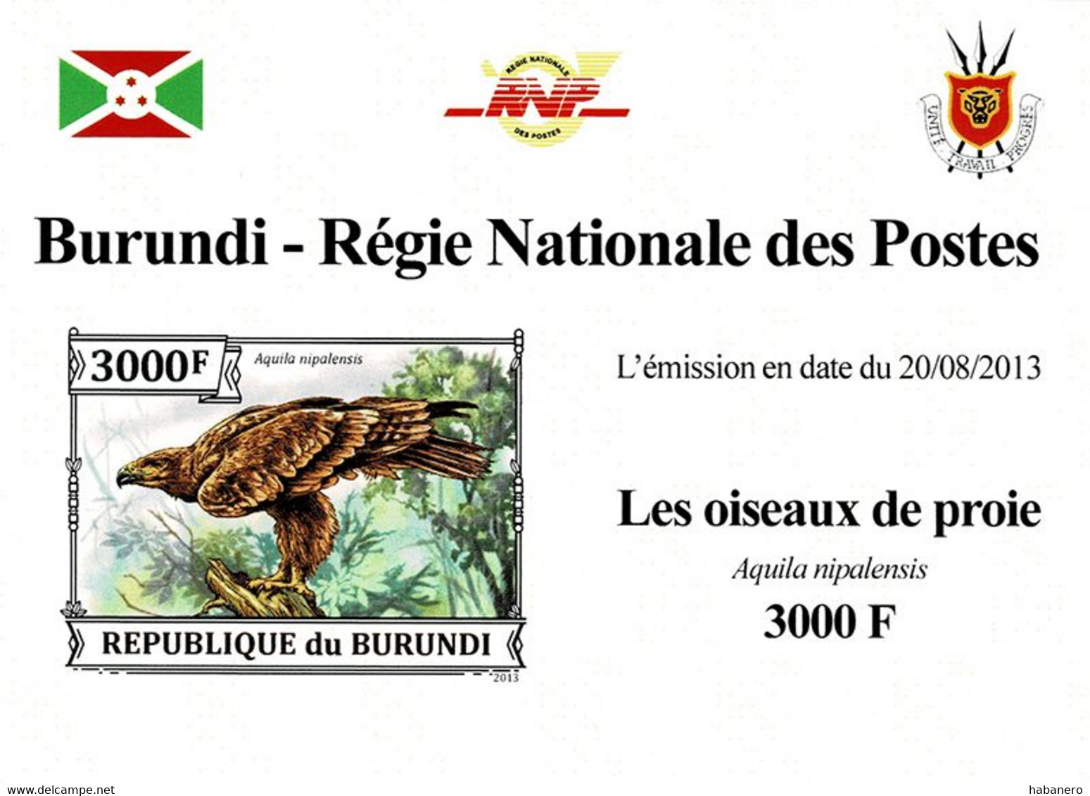 BURUNDI 2013 Mi 3246B BIRDS OF PREY STEPPE EAGLE MINT IMPERFORATED MINIATURE SHEET ** - Hojas Y Bloques