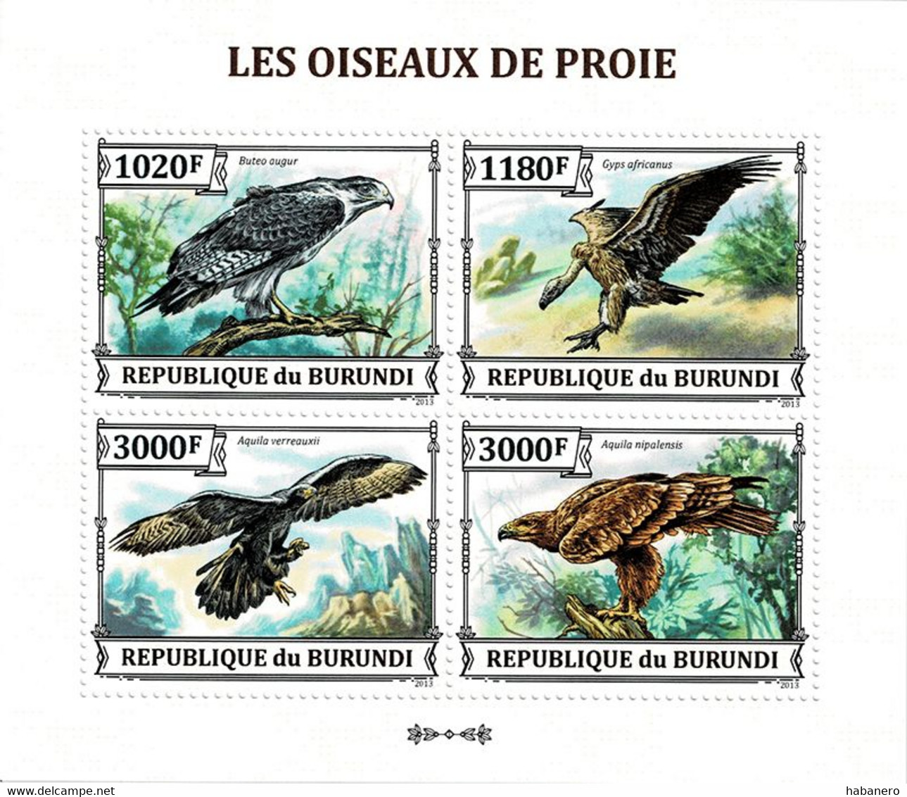 BURUNDI 2013 Mi 3243-3246A KLB BIRDS OF PREY MINT MINIATURE SHEET ** - Blocs-feuillets