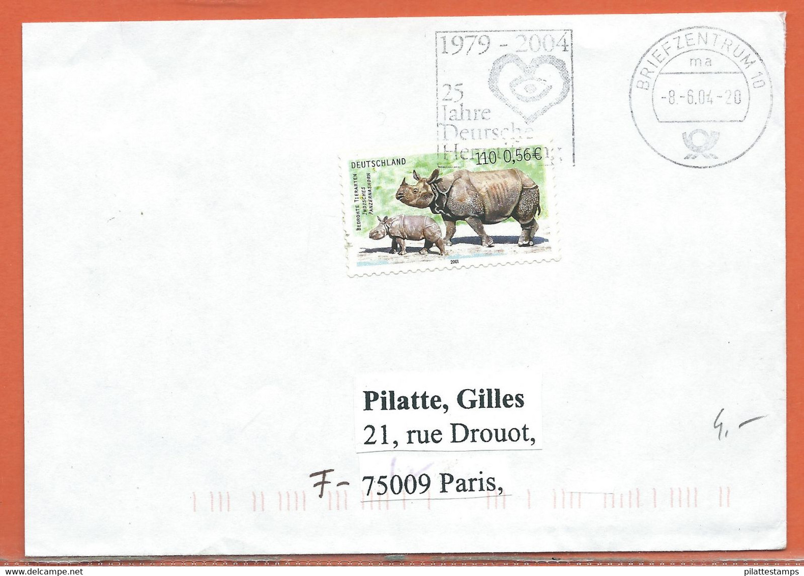 ANIMAUX RHINOCEROS ALLEMAGNE LETTRE DE 2004 - Cajas Para Sellos