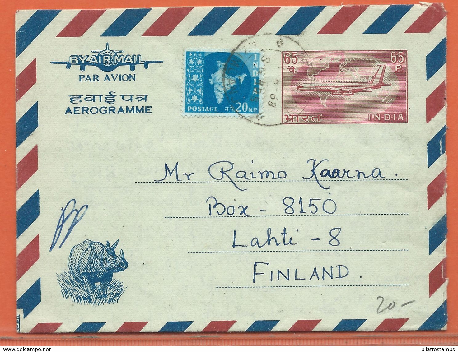ANIMAUX RHINOCEROS INDE AEROGRAMME 65P DE 1968 - Kisten Für Briefmarken