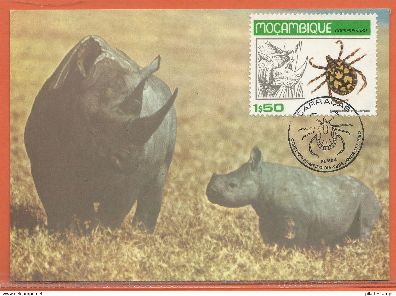 ANIMAUX RHINOCEROS MOZAMBIQUE CARTE MAXIMUM FDC DE 1980 - Kisten Für Briefmarken