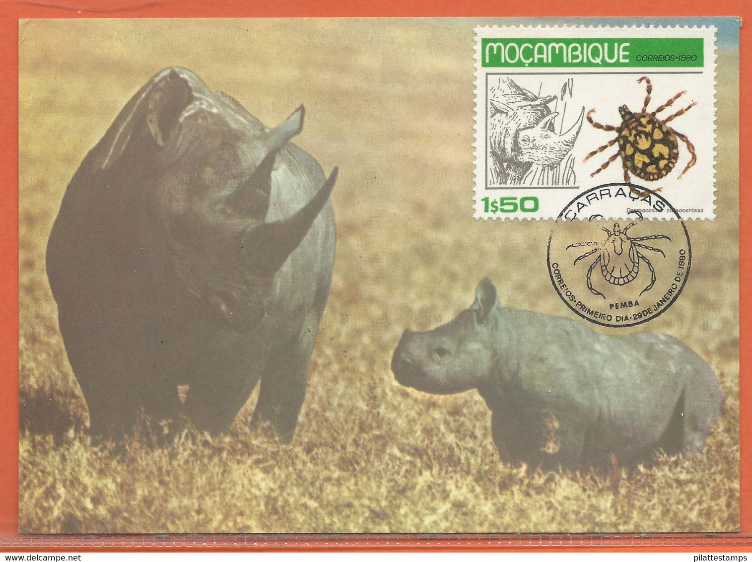 ANIMAUX RHINOCEROS MOZAMBIQUE CARTE MAXIMUM FDC DE 1980 - Boites A Timbres