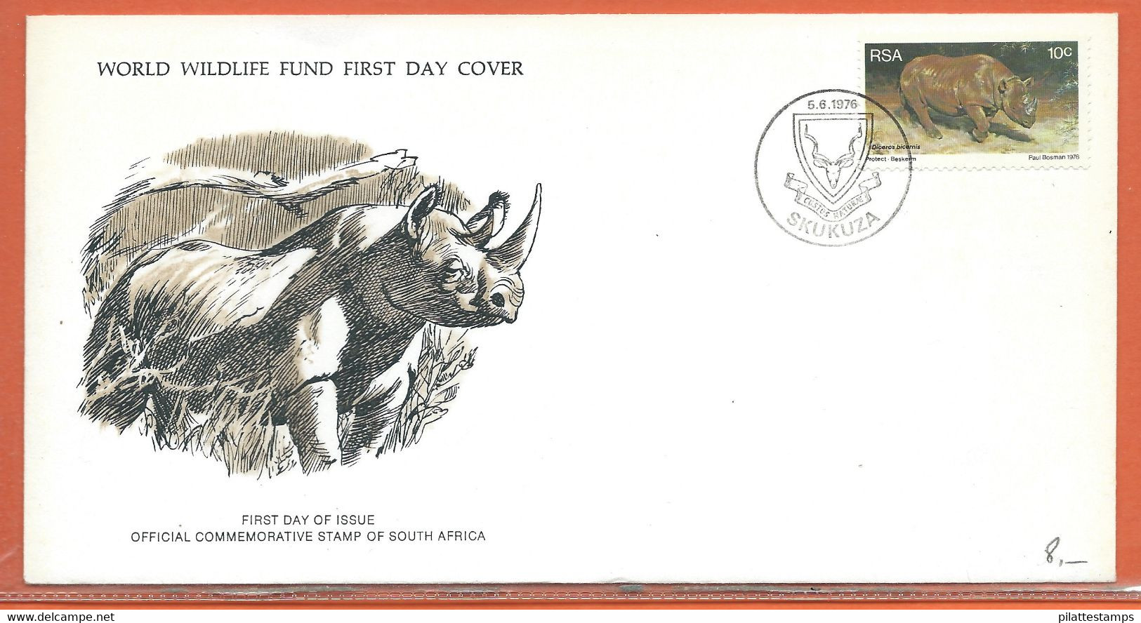 ANIMAUX RHINOCEROS AFRIQUE DU SUD LETTRE FDC DE 1976 - Cajas Para Sellos