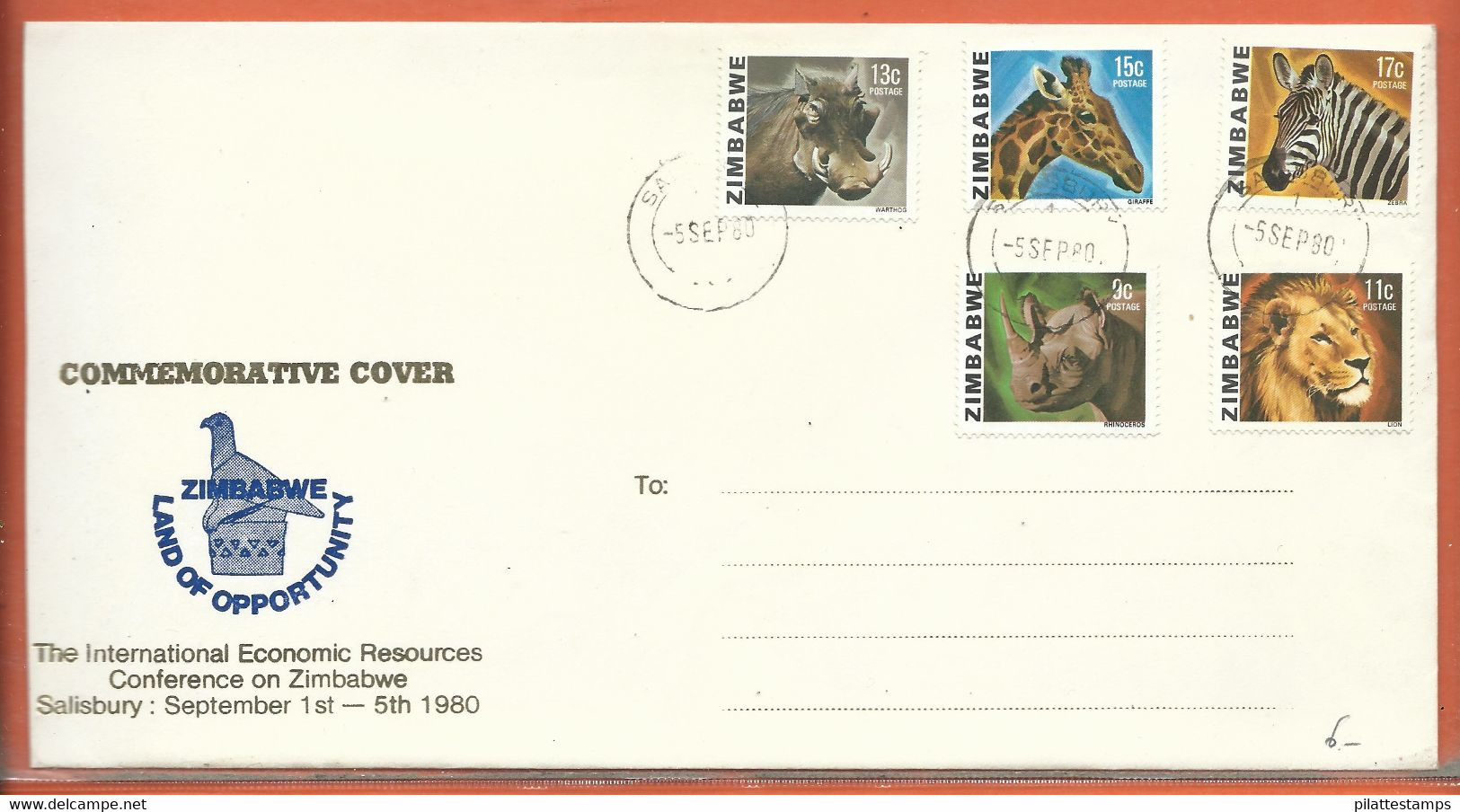 ANIMAUX RHINOCEROS ZIMBABWE LETTRE FDC DE 1980 - Cajas Para Sellos