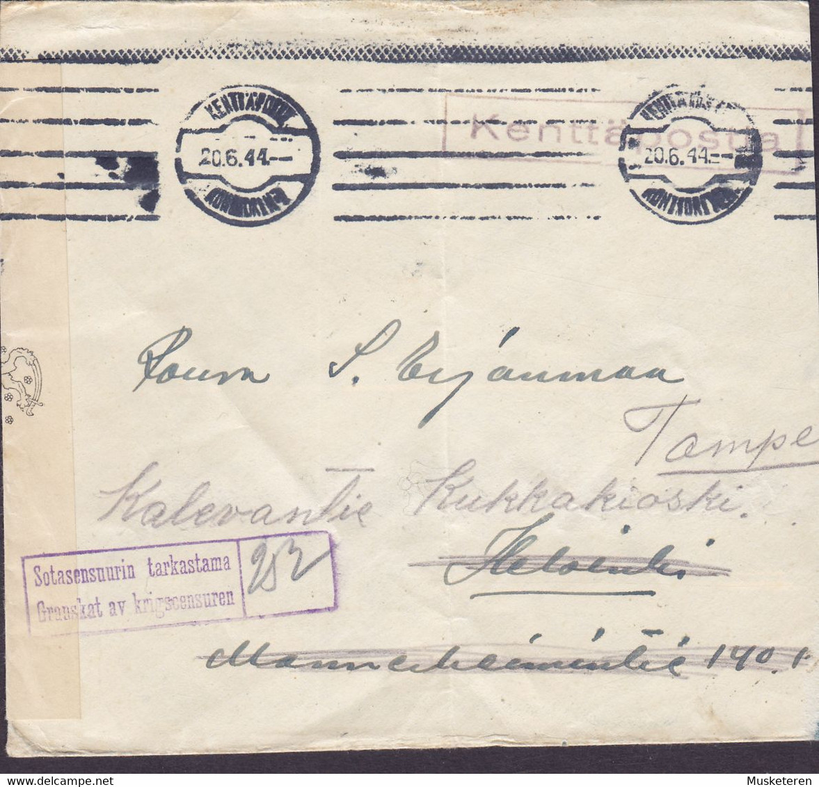 Finland Feldpost Kenttäpostia Line Cds. Liutenant 2 Kpk 7987 1944 Cover Brief HELSINKI Readressed TAMPE, GRANSKAT Censor - Military / Militaires / Militair