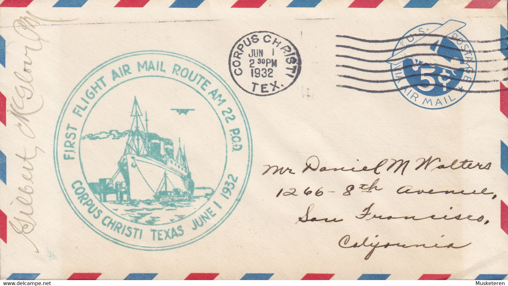 United States Postal Stationery Ganzsache Entier First Flight Air Mail Route CORPUS CHRISTI Texas 1932 Cover Lettre - 1921-40