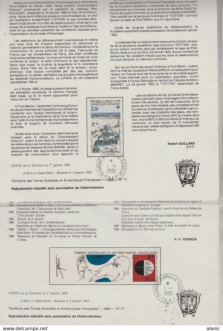 TAAF DOCUMENTS PHILATELIQUES: LOT DE 8+1   // ANNEE 1985 N° 109+111+112+113/14 PA N°88/89/119 &LE BLOC N°2 - Colecciones & Series