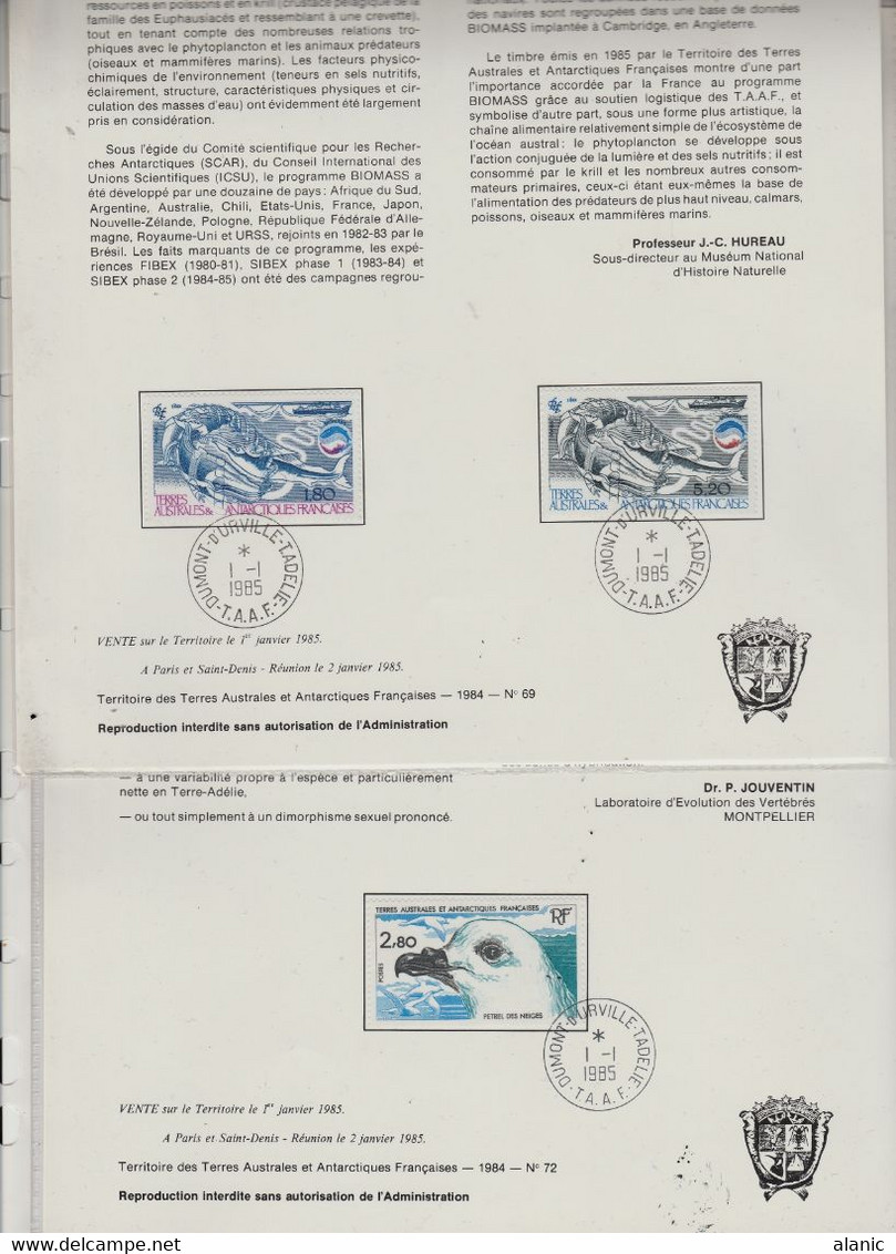 TAAF DOCUMENTS PHILATELIQUES: LOT DE 8+1   // ANNEE 1985 N° 109+111+112+113/14 PA N°88/89/119 &LE BLOC N°2 - Lots & Serien