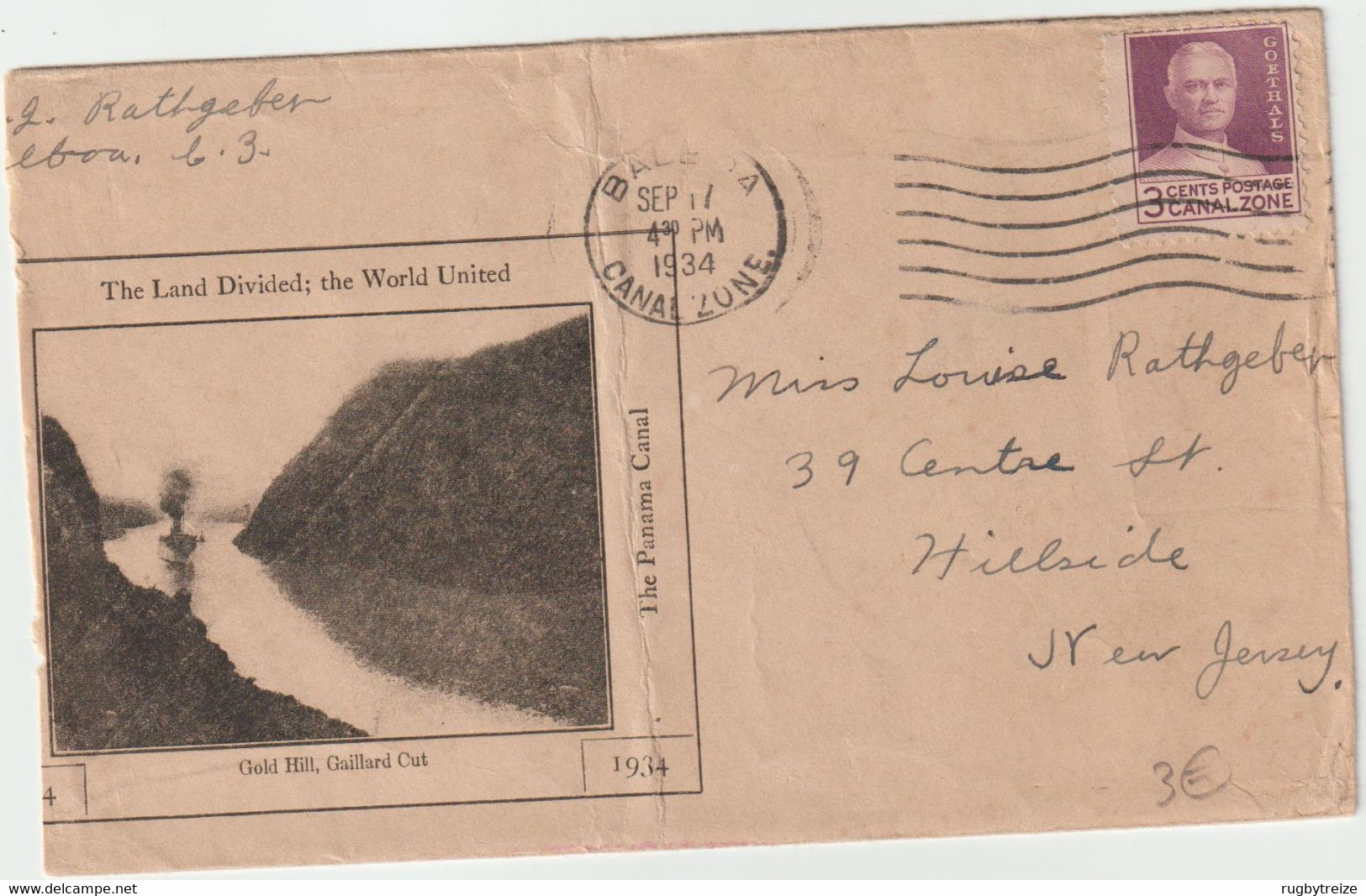 5721 Lettre Cover 1934 CANAL ZONE Gold Hill Gaillard Cut 1934 Balboa Panama New Jersey Hillside Rathgeber - Canal Zone