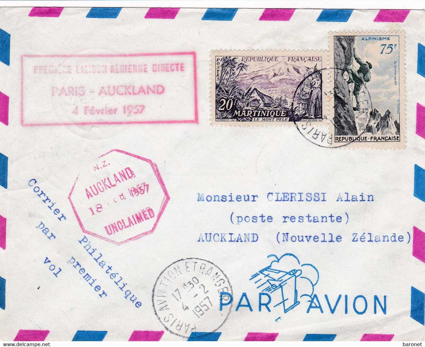 Première Liaison Aérienne Directe / Paris Auckland S / L Tad Paris Aviation Etranger 4 2 1957 Pour Auckland - Eerste Vluchten