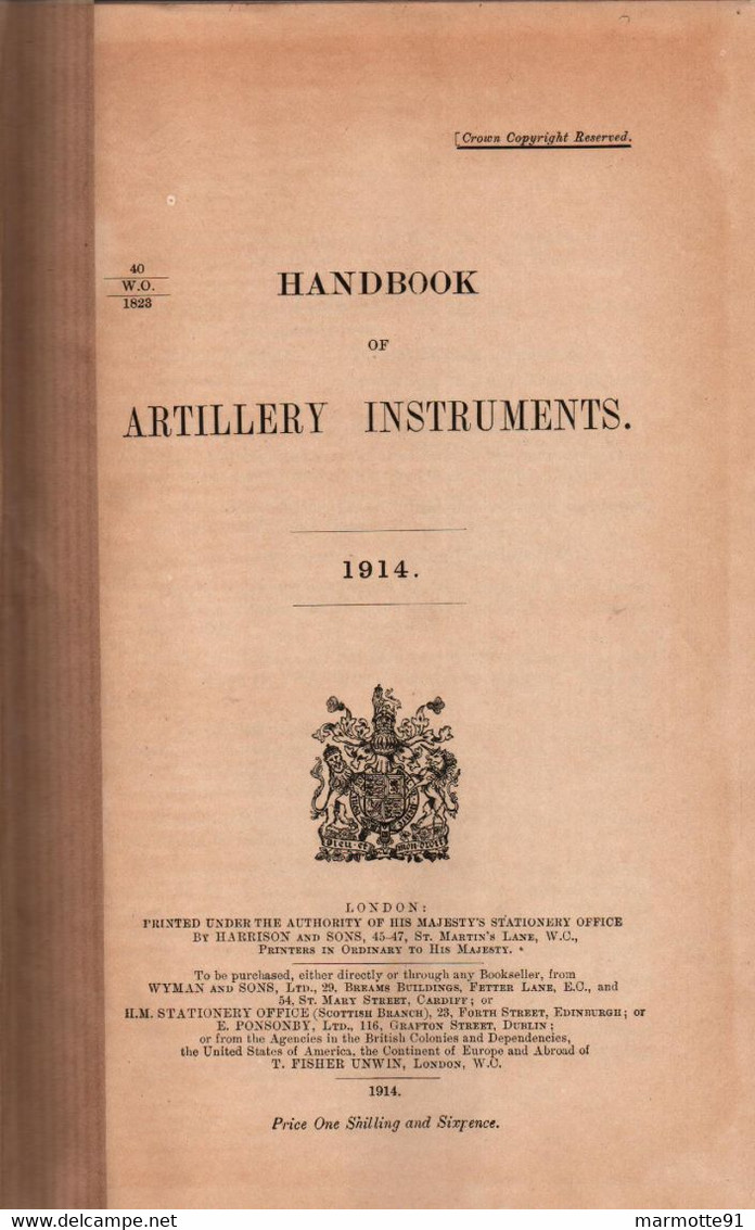 HANDBOOK OF ARTILLERY INSTRUMENTS 1914 ARTILLERIE BRITANNIQUE TELESCOPE BINOCULAIRE SYSTEME VISEE TELEMETRE - Anglais