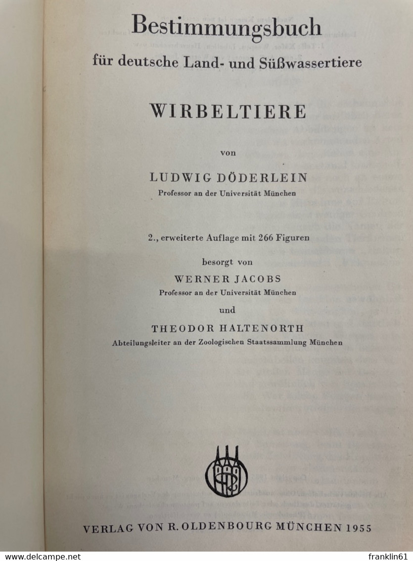 Bestimmungsbuch Für Deutsche Land- Und Süsswassertiere; Wirbeltiere. - Animaux