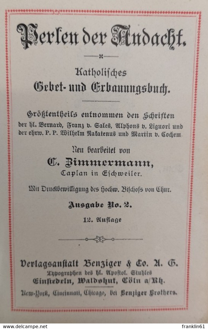 Perlen Der Andacht. Katholisches Gebet- Und Erbauungsbuch. - Cristianismo