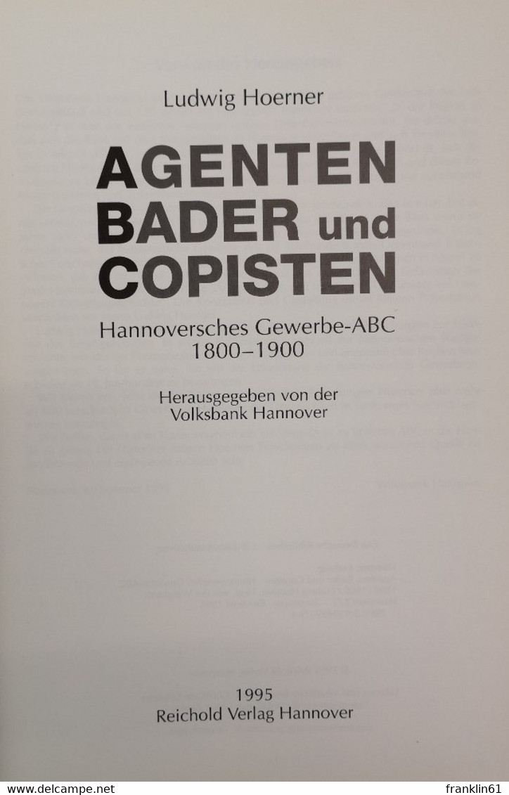 Agenten, Bader Und Copisten. Hannoversches Gewerbe-ABC 1800 - 1900. - Léxicos