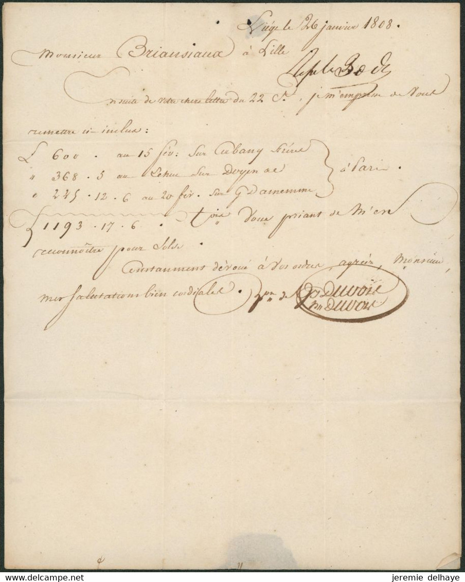 Précurseur - L. Pesante (8 Gramme) Datée De Liège (1808) + Obl Linéaire 96 / LIEGE > Lille, Port 8 Décimes. - 1794-1814 (Periodo Frances)