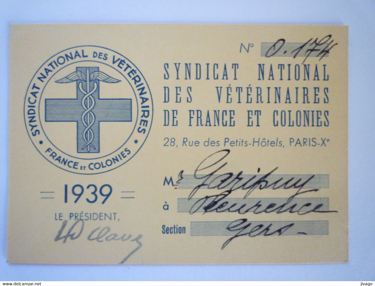 TI - 2022 - 465  SYNDICAT NATIONAL Des VETERINAIRES De FRANCE Et COLONIES  :  CARTE De MEMBRE  1939    XXX - Non Classés
