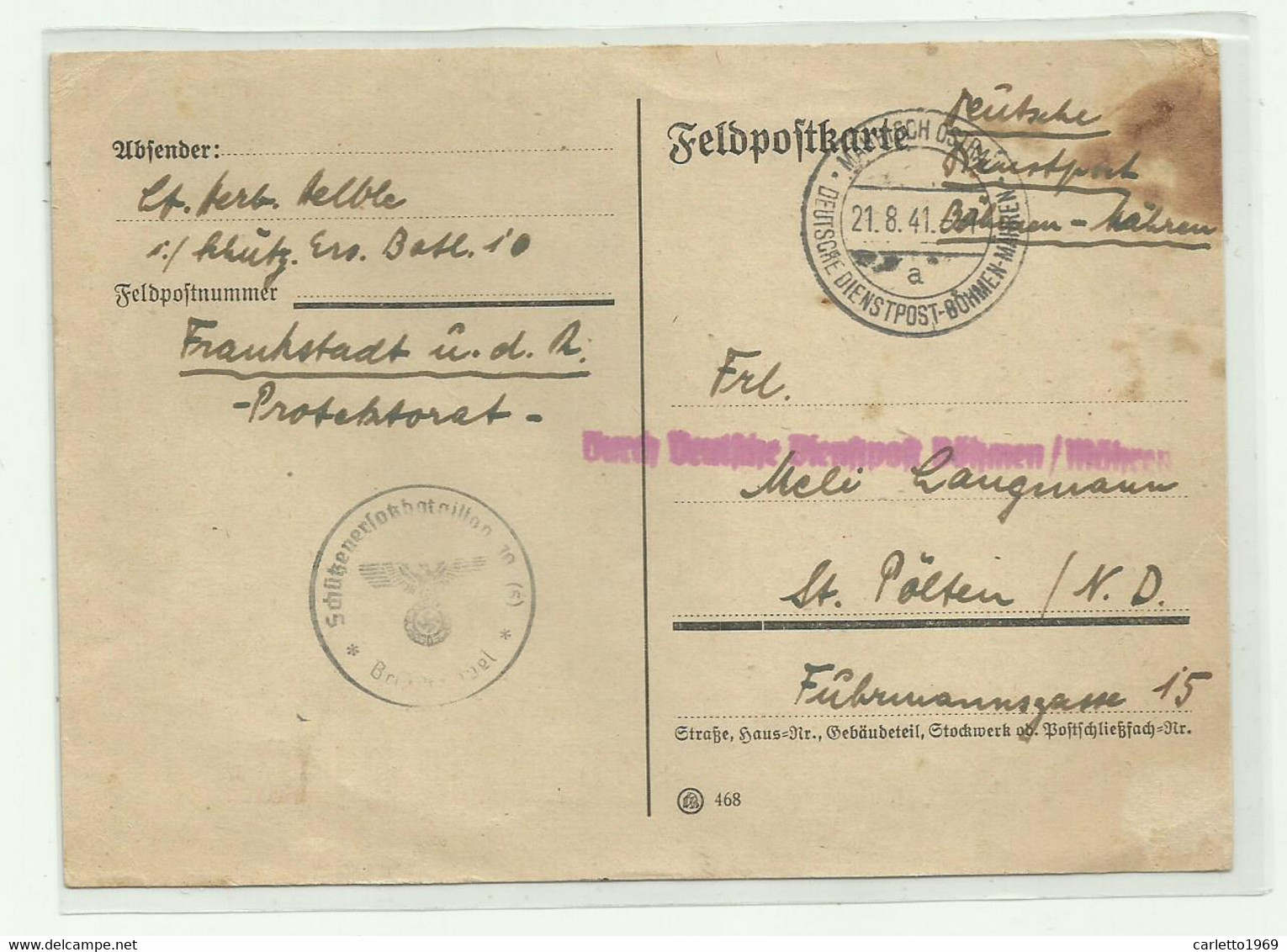 FELDPOSTKARTE FRANKSTADT UNTER DEM RADHOSCHT 1941 - Lettres & Documents