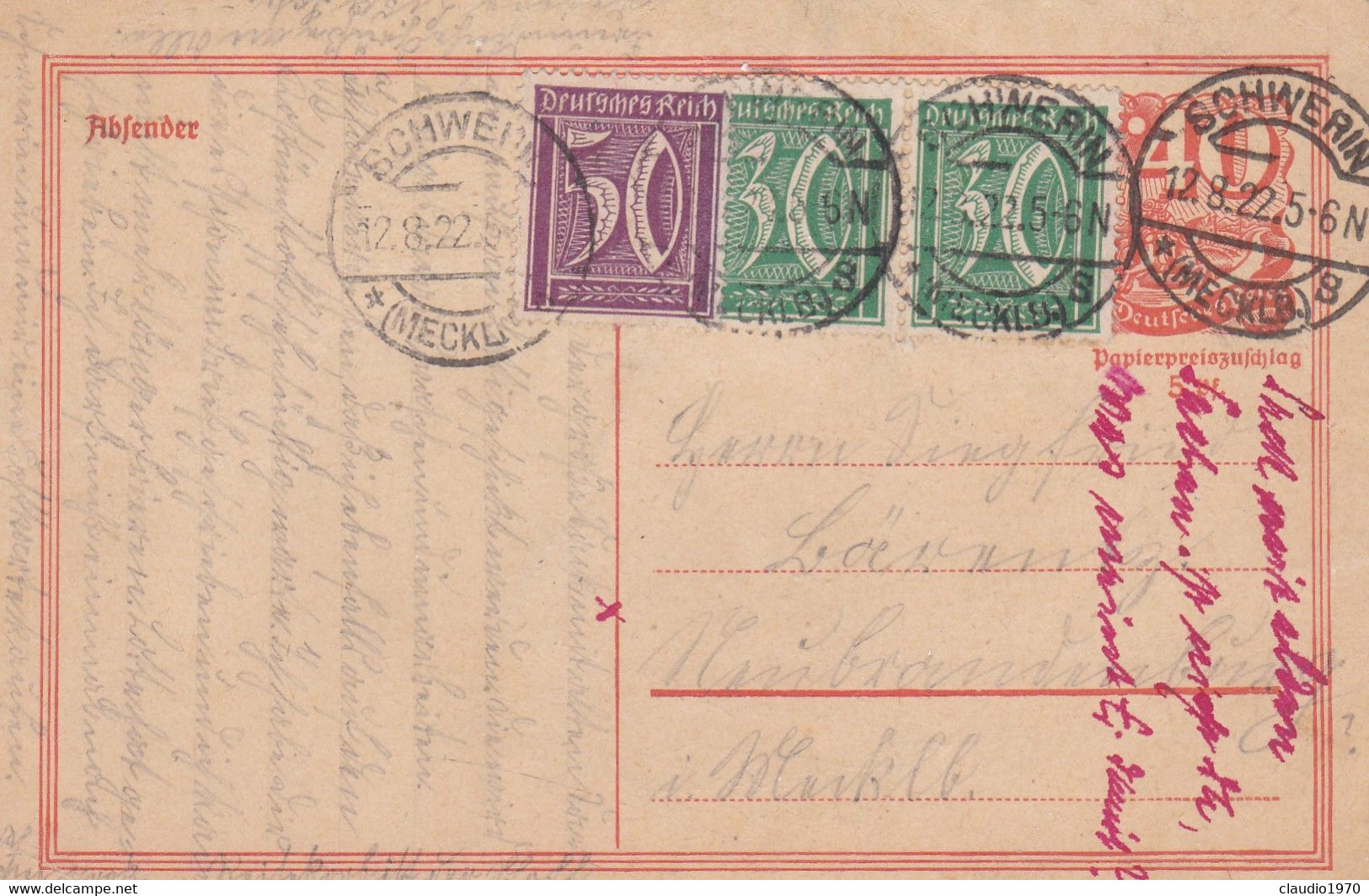 GERMANIA - ANTICHI STATI - Schwerin - STORIA POSTALE - CARTOLINA - 1922 - Mecklenburg-Schwerin