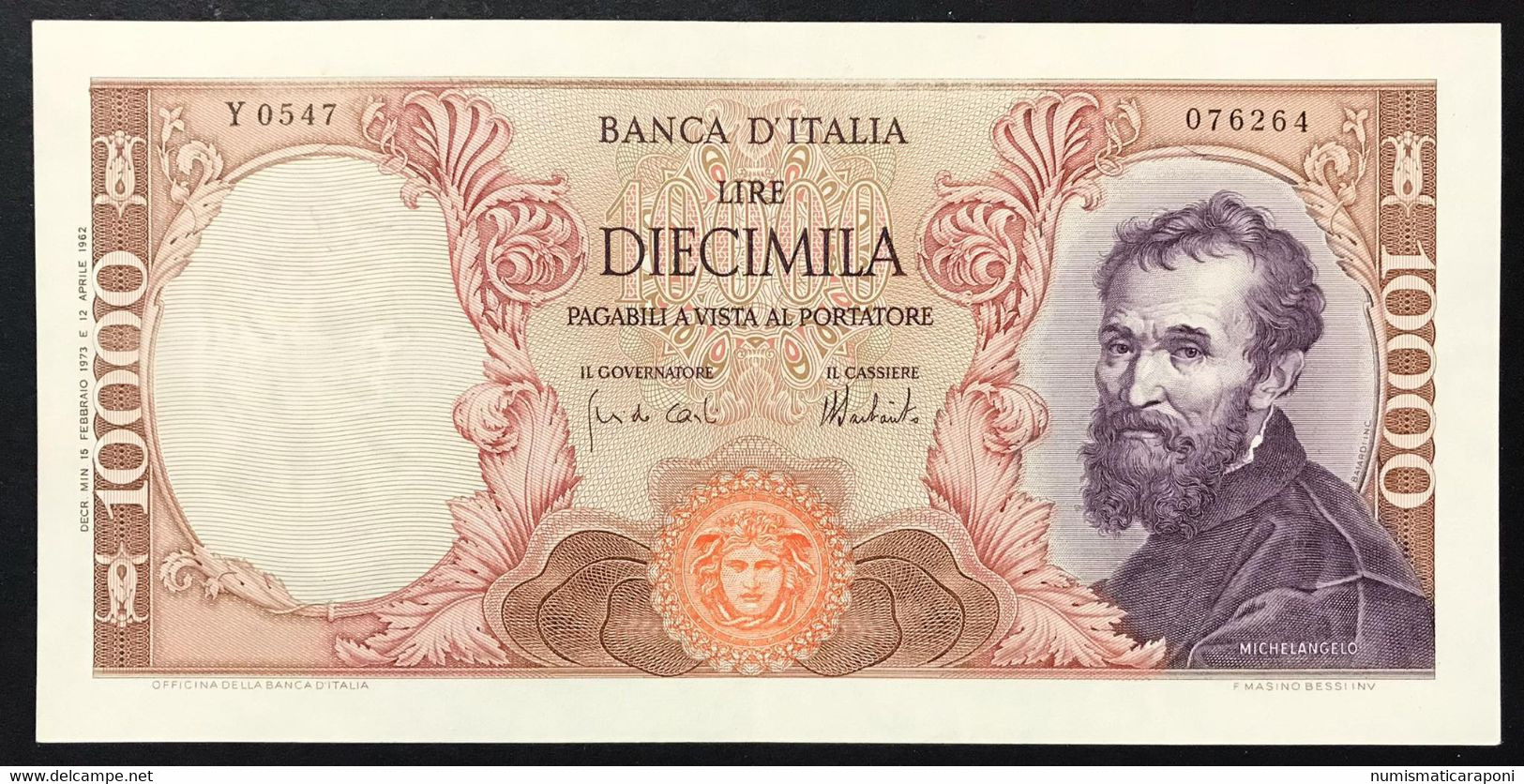 10000 Lire Michelanglo Buonarroti 15 02 1973 Sup/fds  LOTTO 3754 - 10.000 Lire