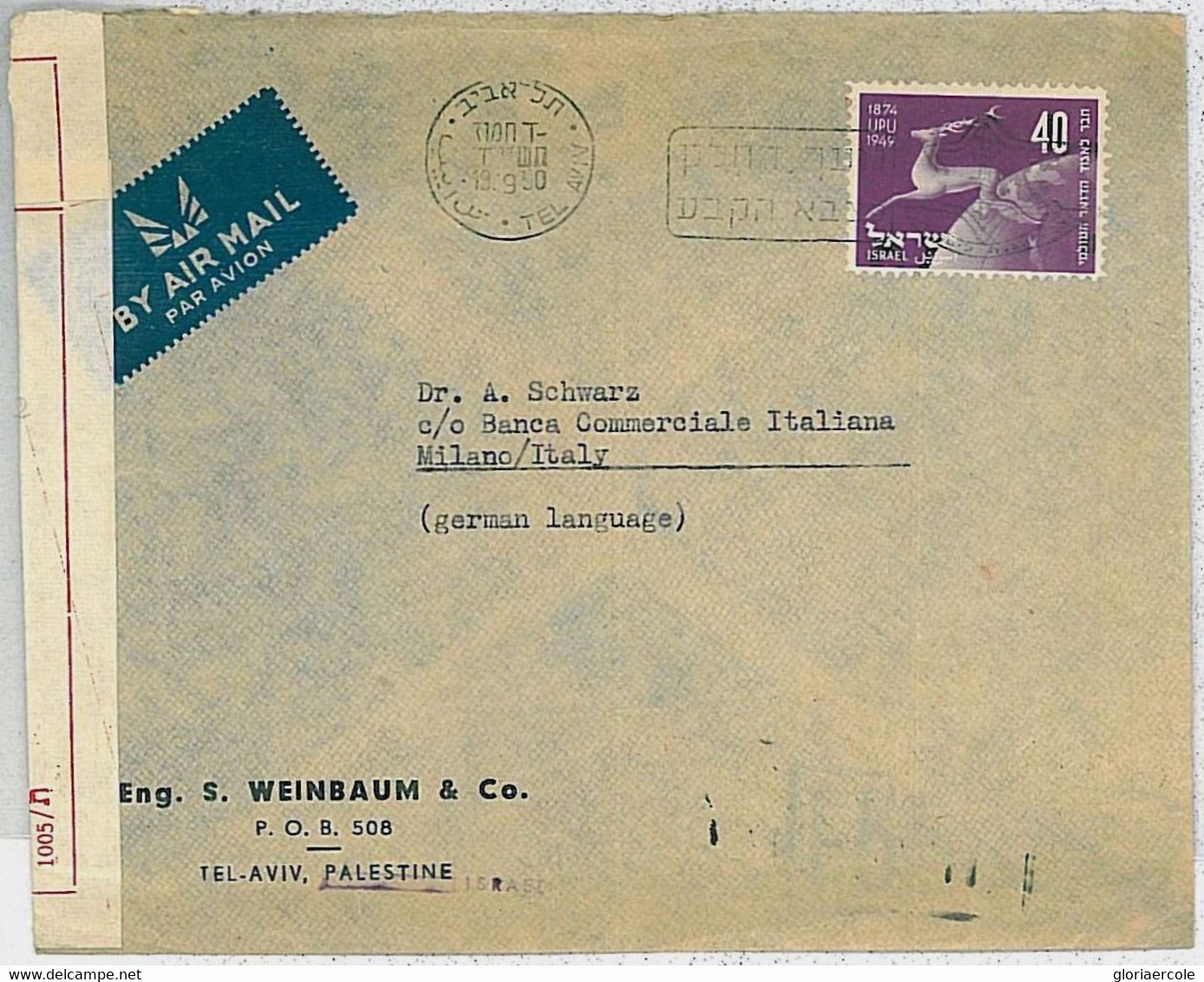 38232 - ISRAEL - Postal History : COVER To ITALY - CENSOR TAPE 1950 - Andere & Zonder Classificatie