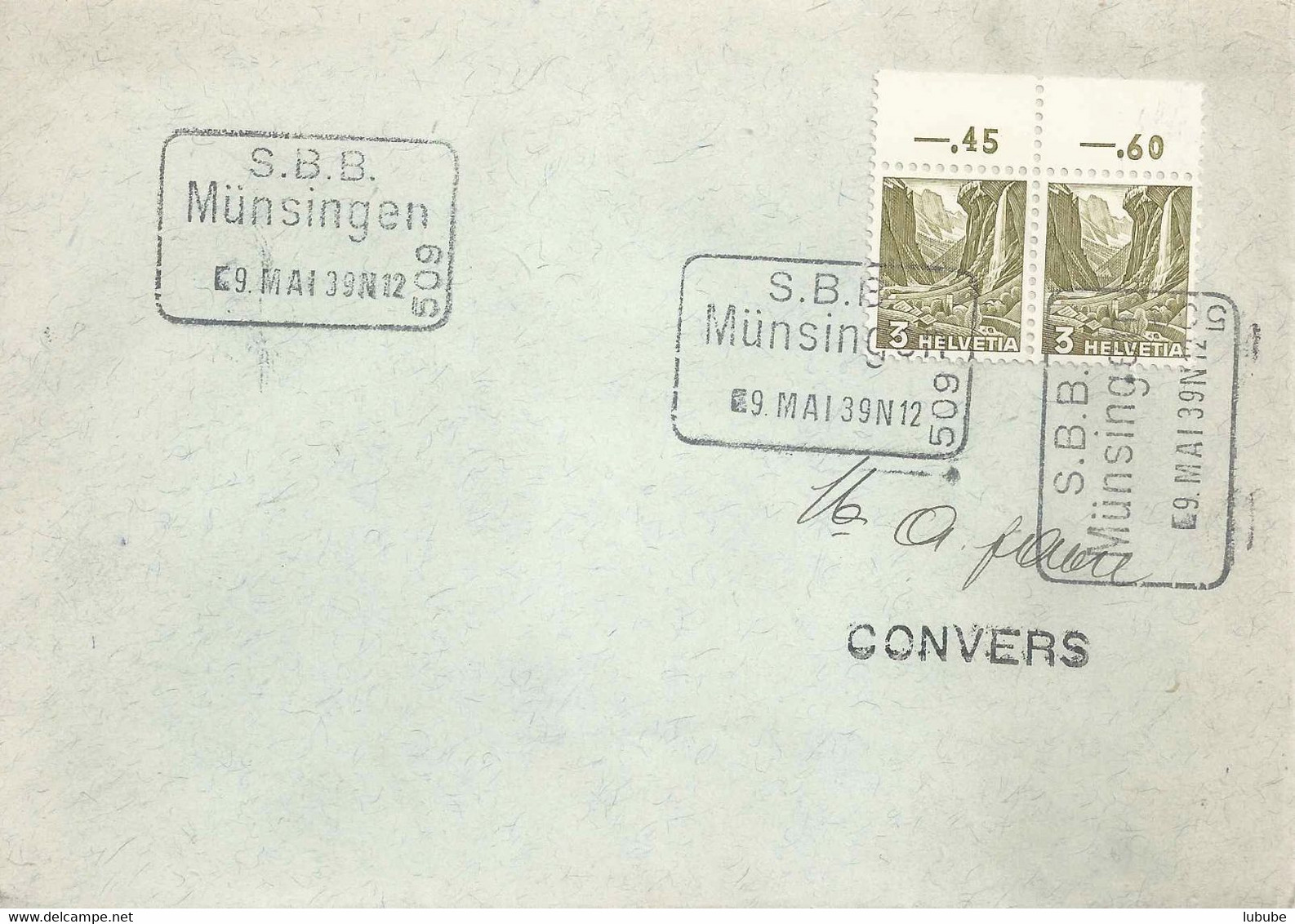 Drucksache  Münsingen SBB - Convers  (Bahnstempel)       1939 - Chemins De Fer