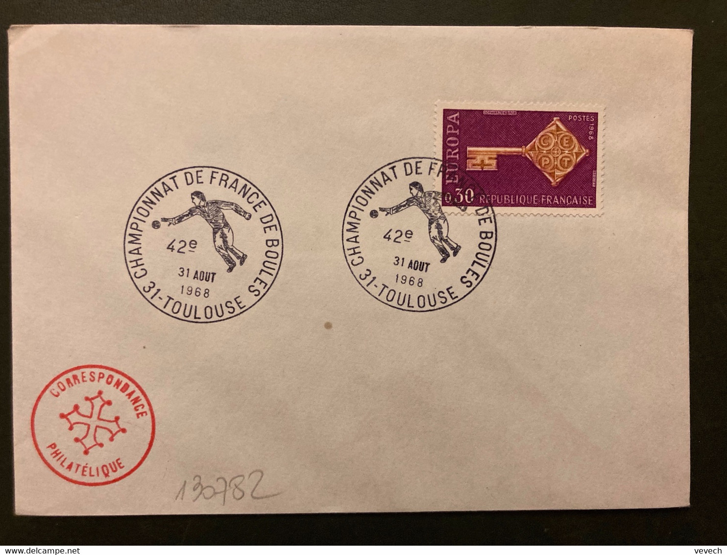 LETTRE TP EUROPA 0,30 OBL.31 AOUT 1968 31 TOULOUSE 42e CHAMPIONNAT DE FRANCE DE BOULES - Petanque