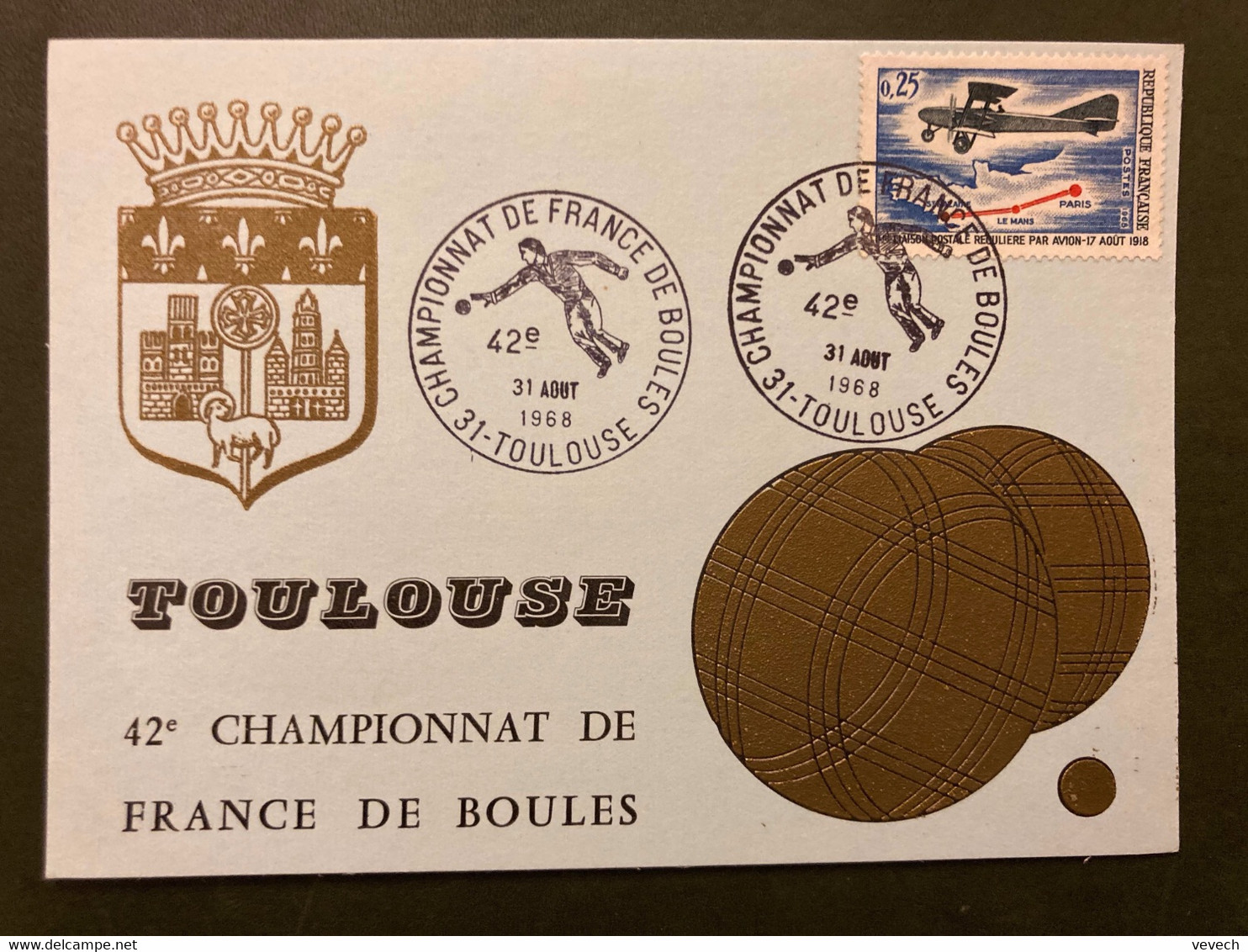 CP TP AVION 0,25 OBL.31 AOUT 1968 31 TOULOUSE 42e CHAMPIONNAT DE FRANCE DE BOULES - Bowls