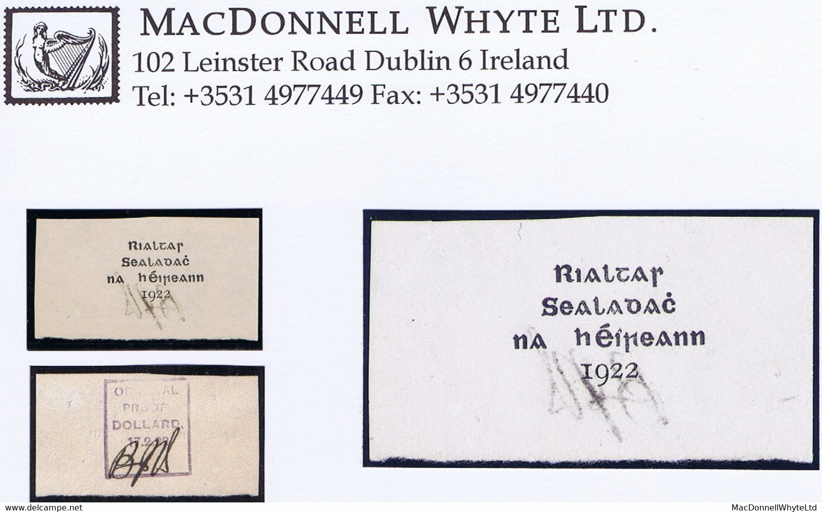 Ireland 1922 Dollard Rialtas 4-line Overprint, Proof In Black On Thin Wove Paper, With Dollard Backstamp Signed BJB - Ungebraucht