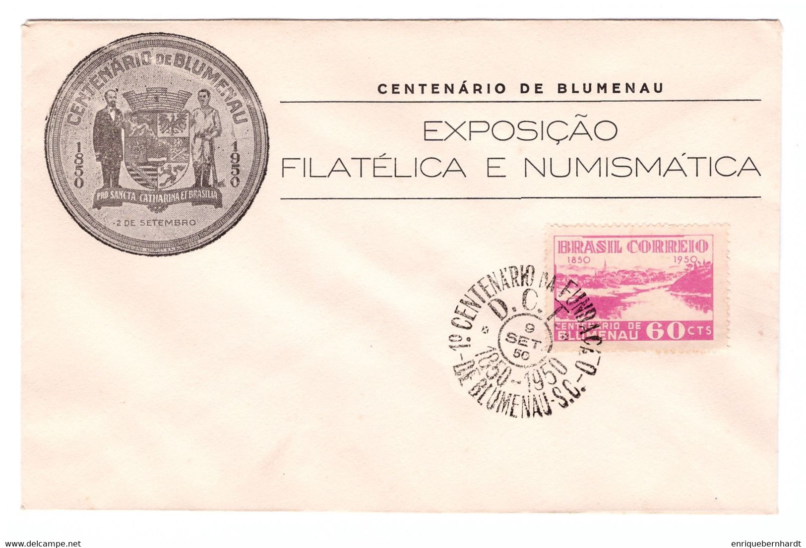 BRASIL. Centenario De Blumenau (1950). Sobre Conmemorativo Exposición Filatélica Y Numismática.. - Postzegelboekjes