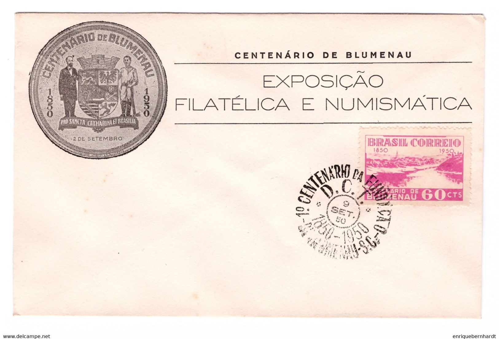 BRASIL. Centenario De Blumenau (1950). Sobre Conmemorativo Exposición Filatélica Y Numismática. - Carnets