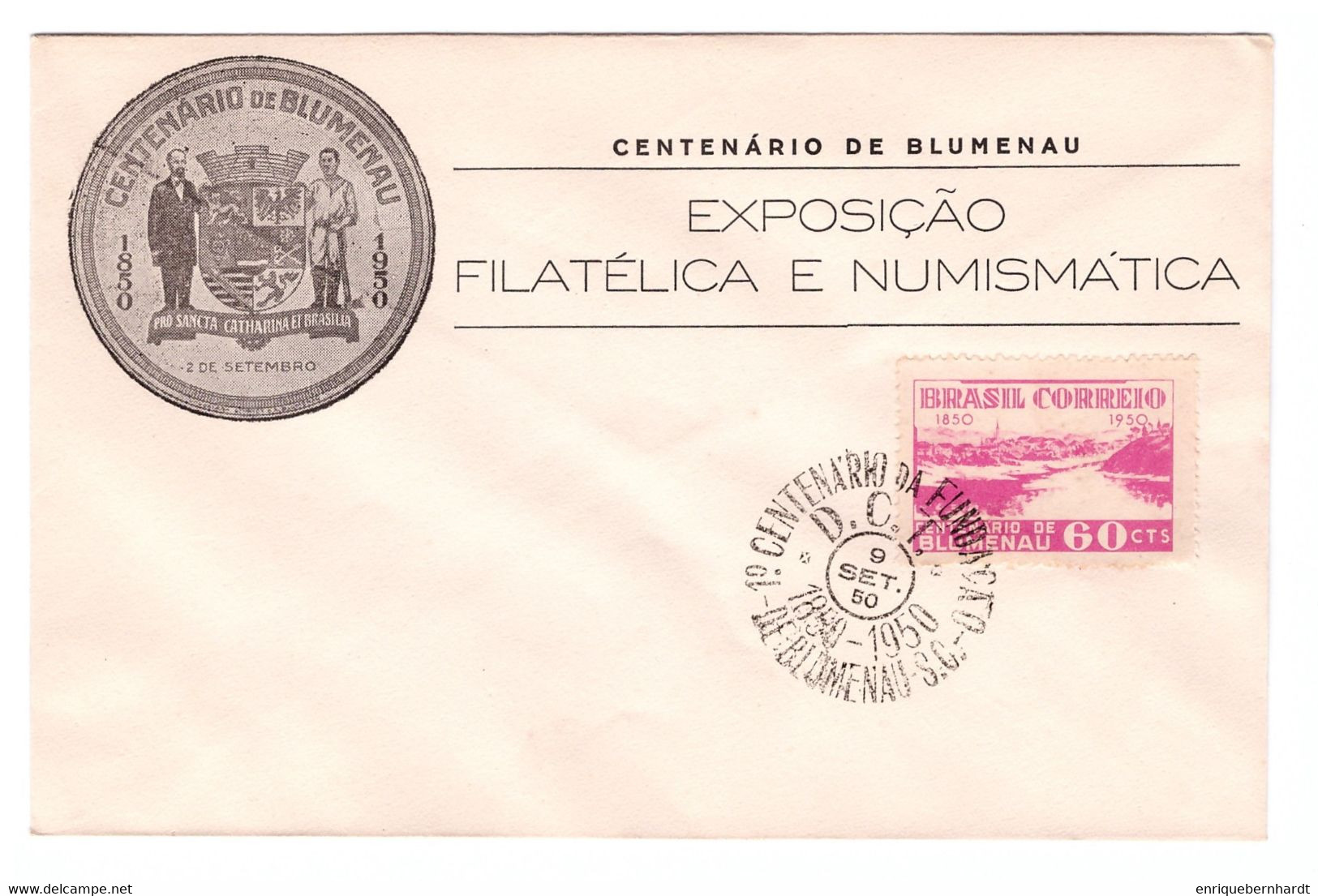 BRASIL. Centenario De Blumenau (1950). Sobre Conmemorativo Exposición Filatélica Y Numismática. - Libretti