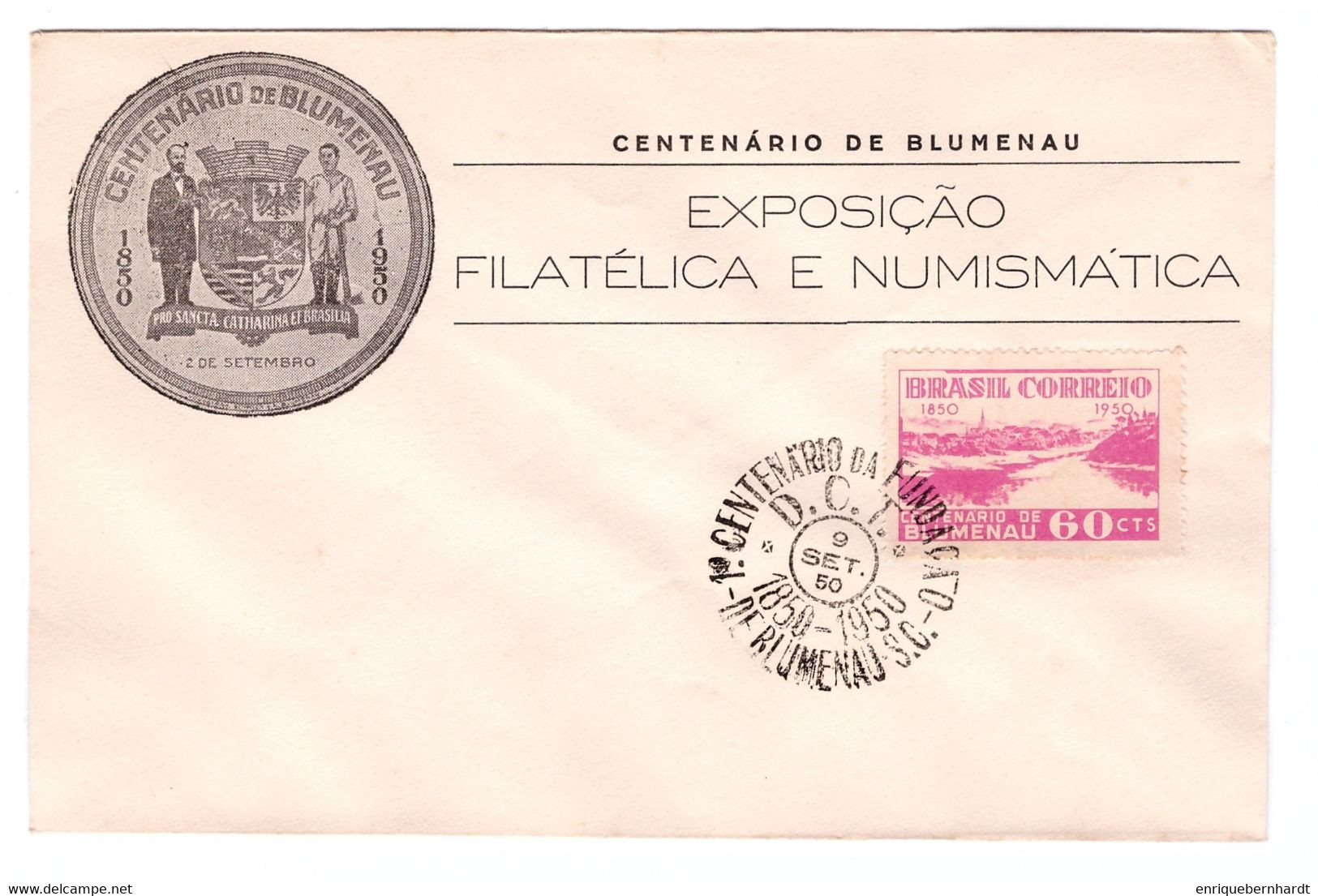 BRASIL. Centenario De Blumenau (1950). Sobre Conmemorativo Exposición Filatélica Y Numismática. - Libretti