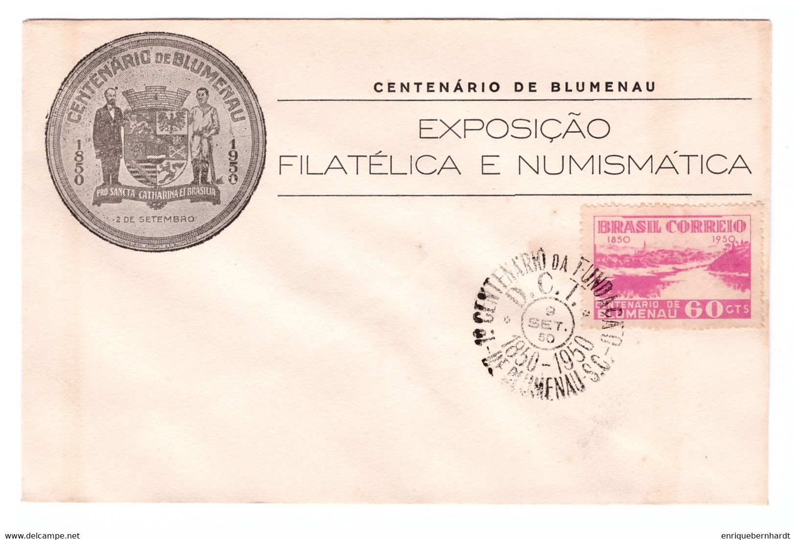 BRASIL. Centenario De Blumenau (1950). Sobre Conmemorativo Exposición Filatélica Y Numismática. - Carnets