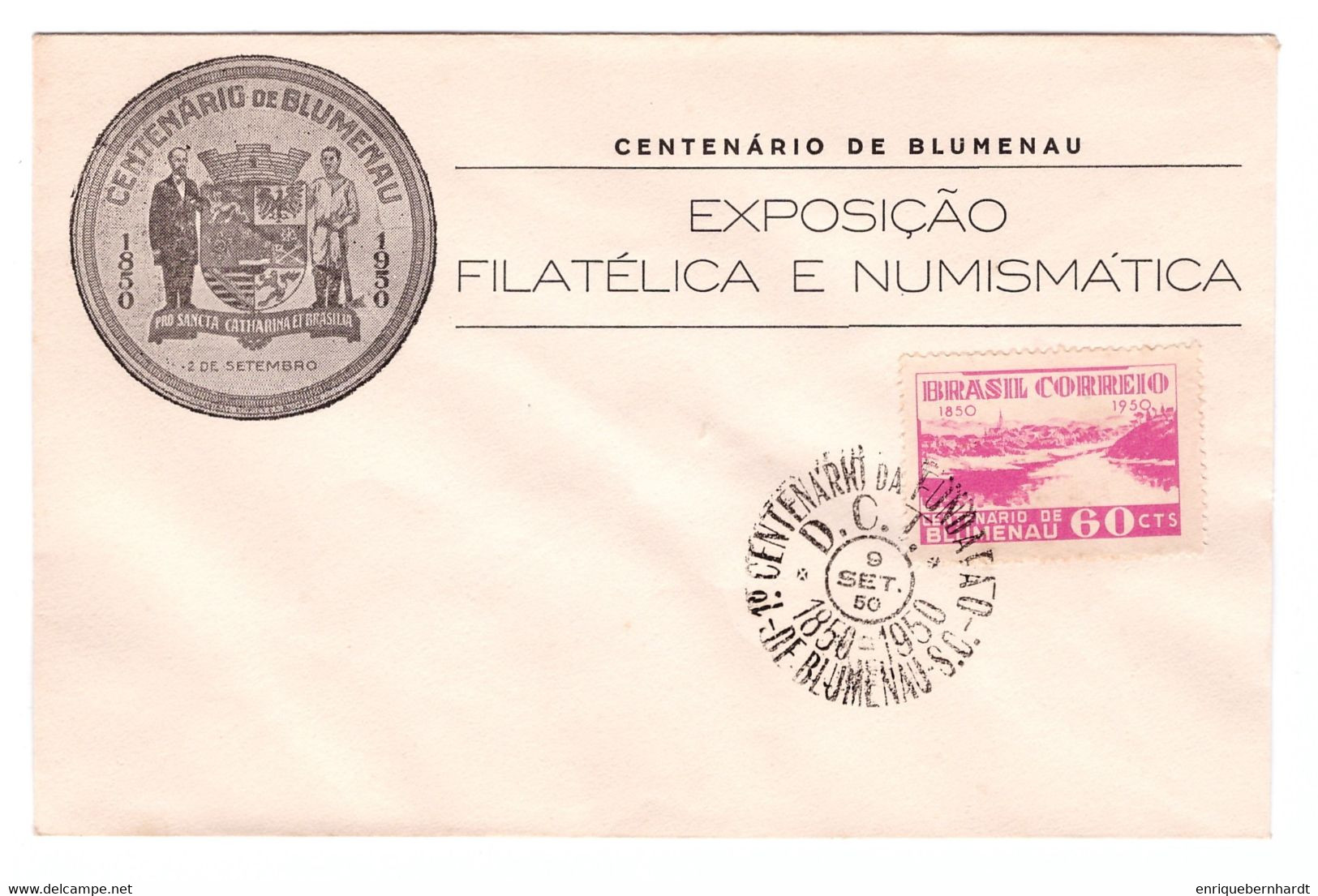 BRASIL. Centenario De Blumenau (1950). Sobre Conmemorativo Exposición Filatélica Y Numismática. - Libretti